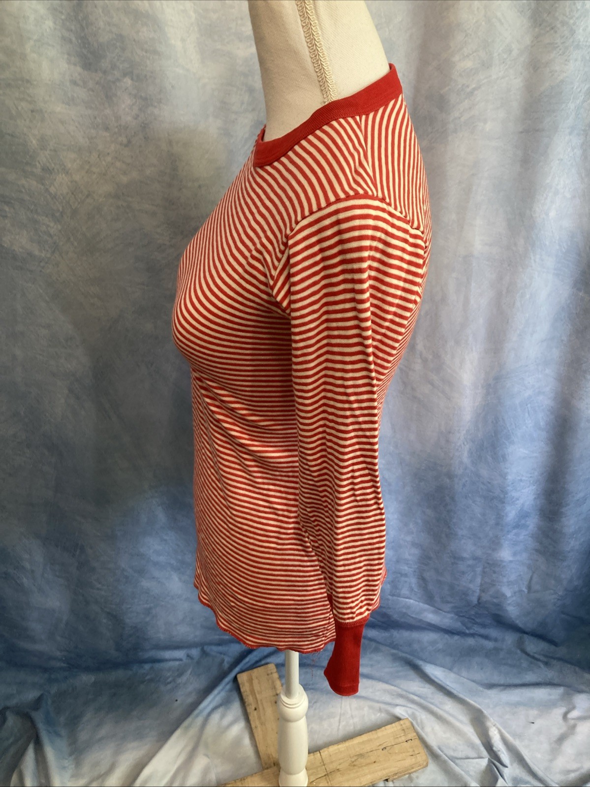 Vtg 60s Duofold Striped Base Layer Thermal Top Red Crewneck Wool Blend Womens XS