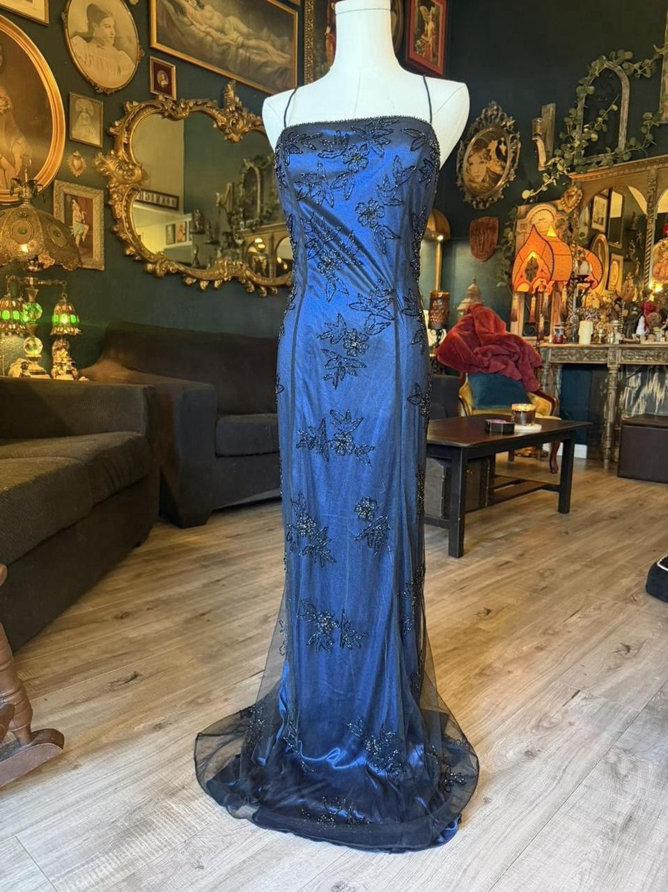 Vintage Black Beaded Mesh Overlay Evening Gown | Metallic Blue | Y2K Formal