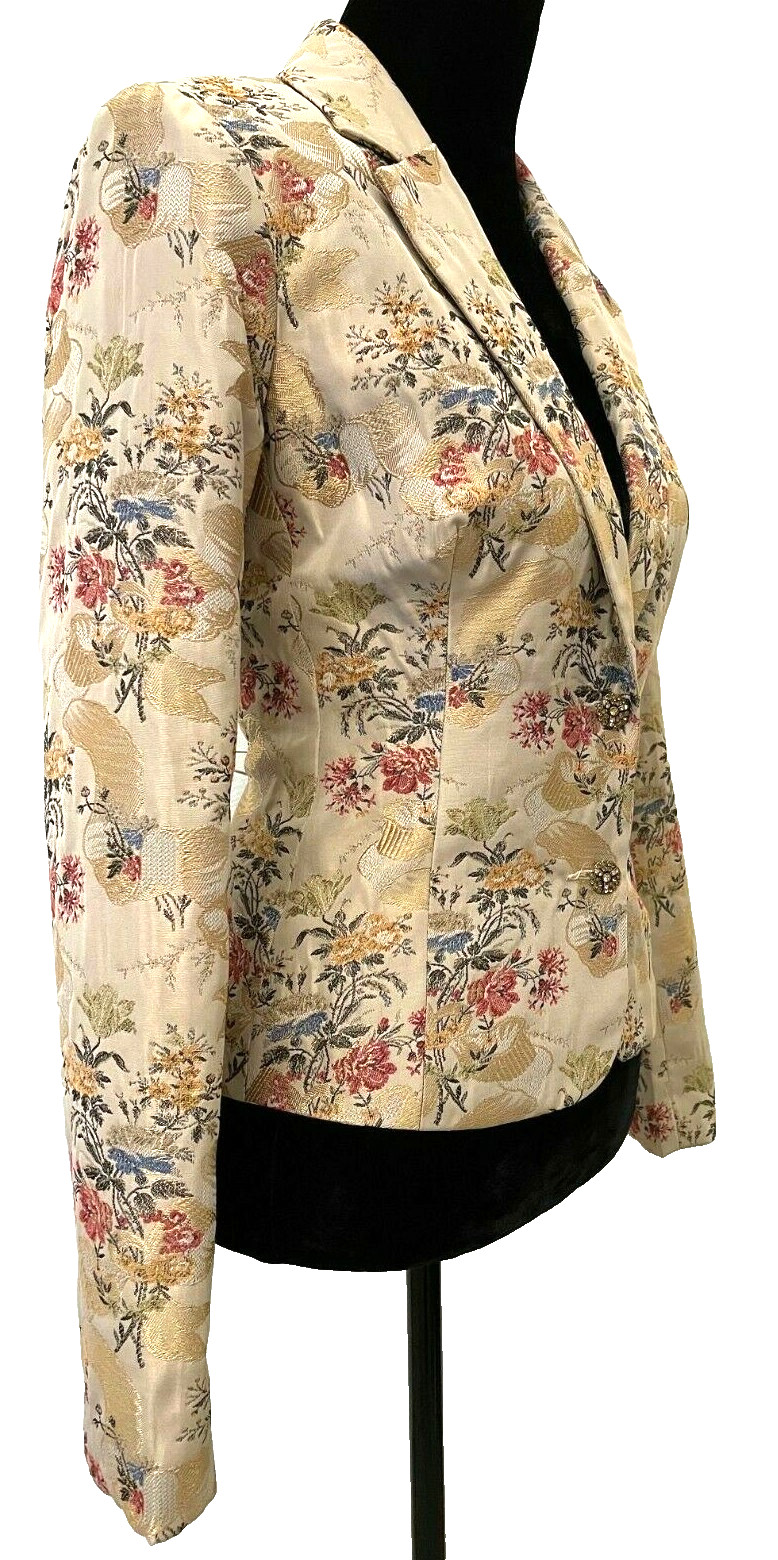 Vintage Cache Womens Oriental Evening Jacket Sz 6 Beige Floral Metallic Brocade