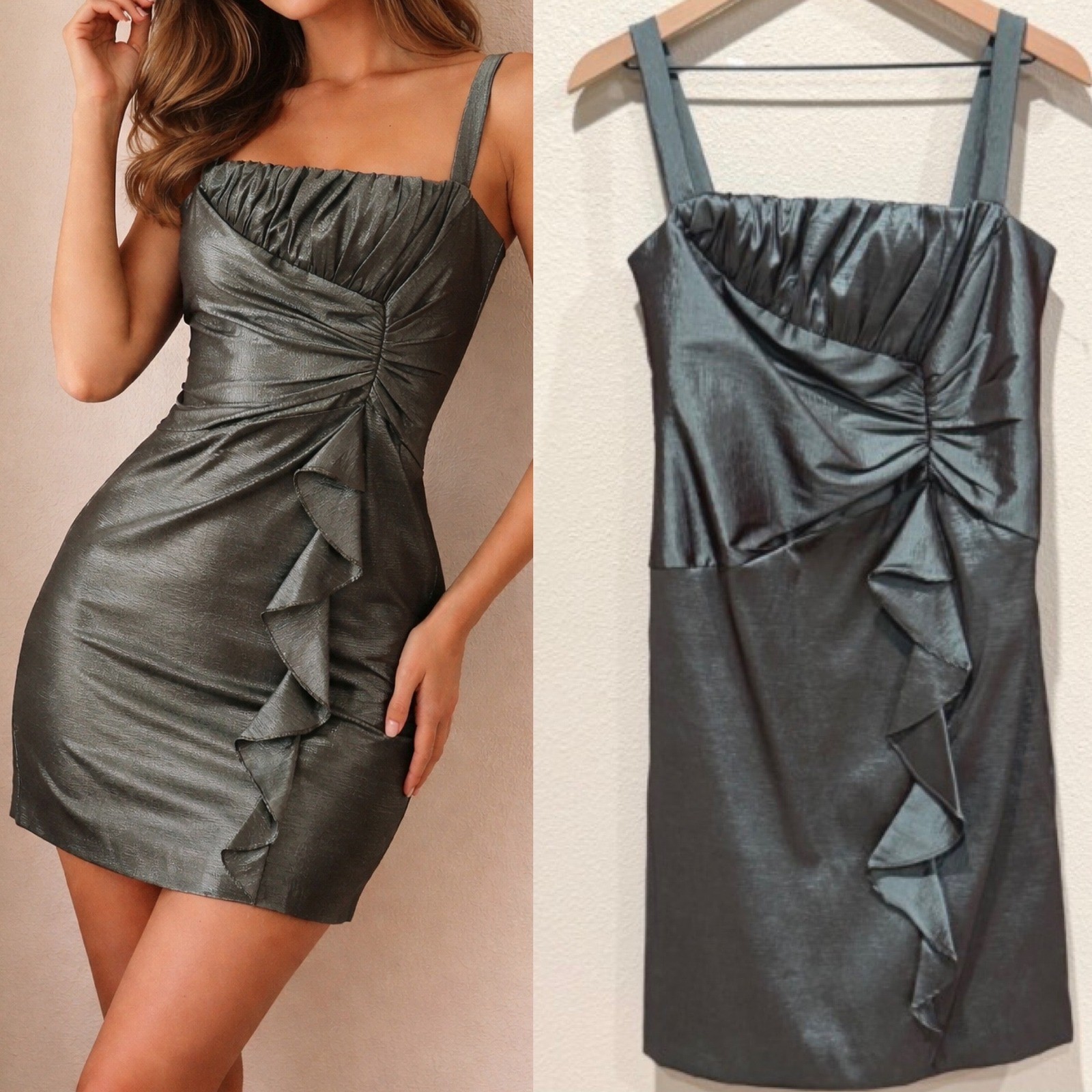 R&M RICHARDS Cocktail Dress Metallic Teal Ruffle Ruched Party Evening Petite 8