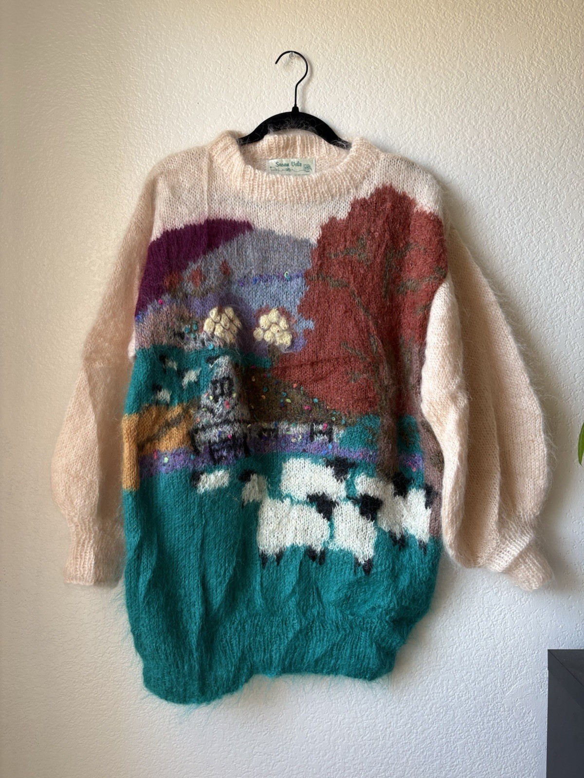 Susan Vale Hand Knitted Teal Multicolor Knit Sheep Landscape Sweater