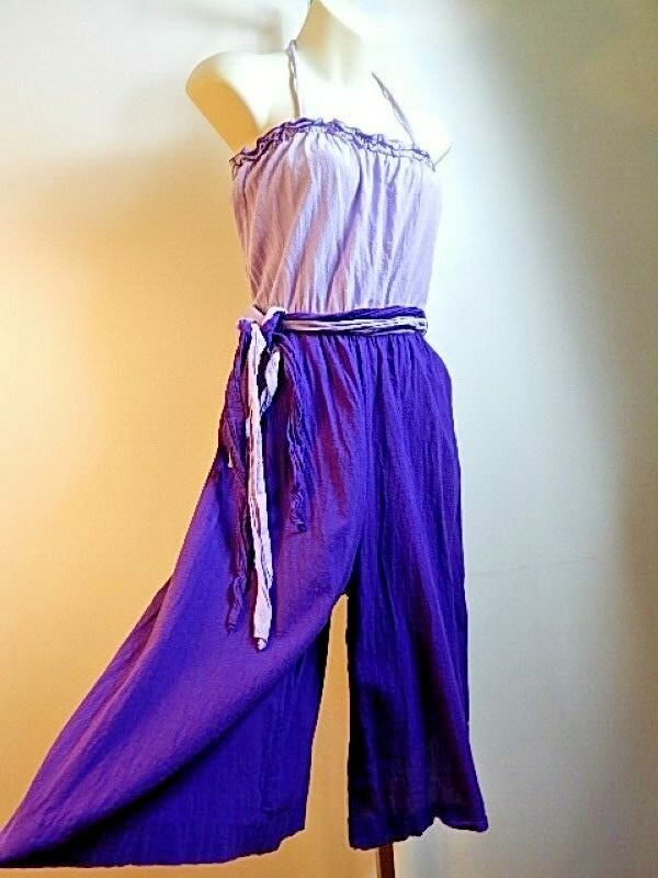 Vintage 1980s Stewart Purple Gauze Halter Romper Culottes Shorts Skort Jumpsuit