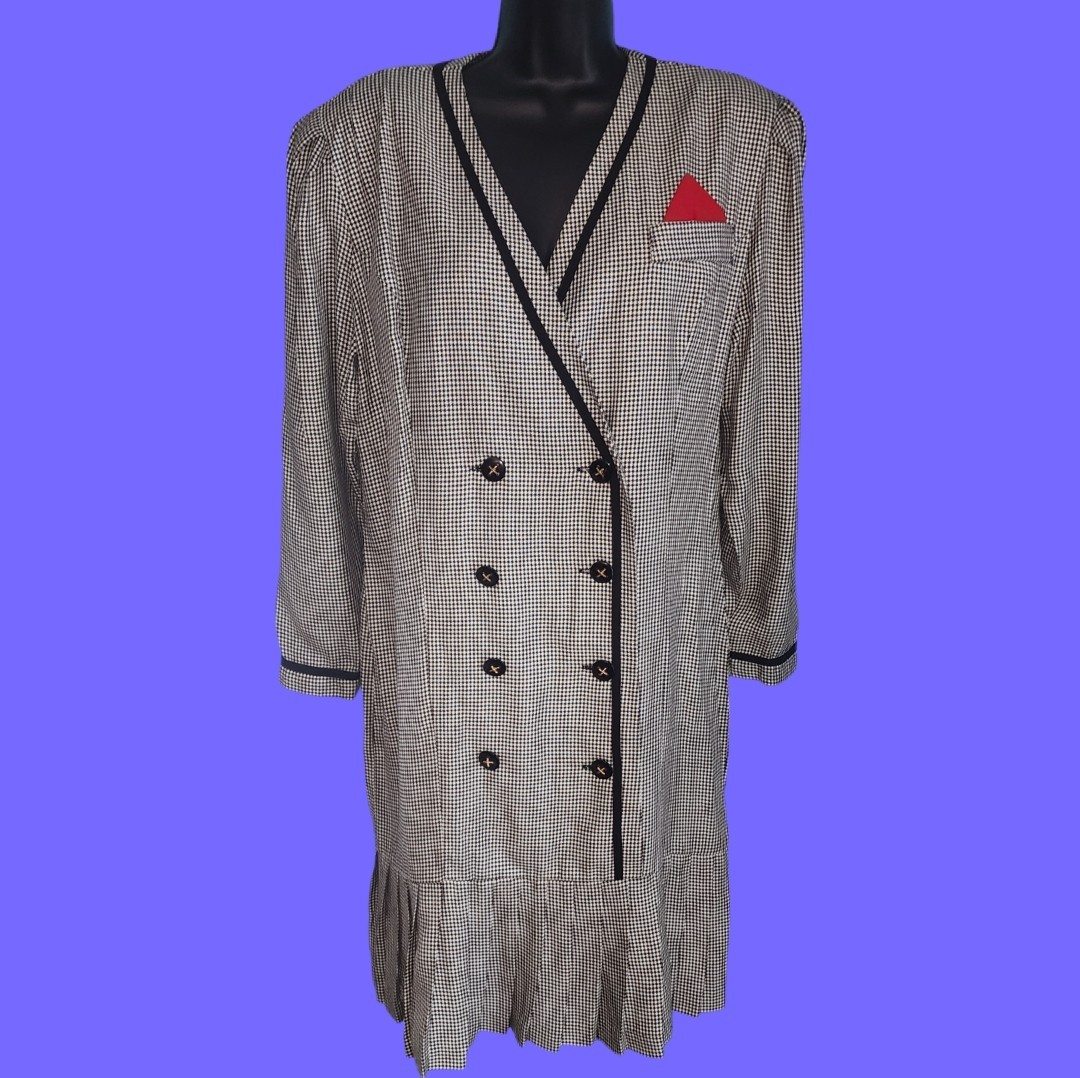 VINTAGE 80&rsquo;s REO ORIGINALS Black+White Houndstooth POWER Dress Retro Size L