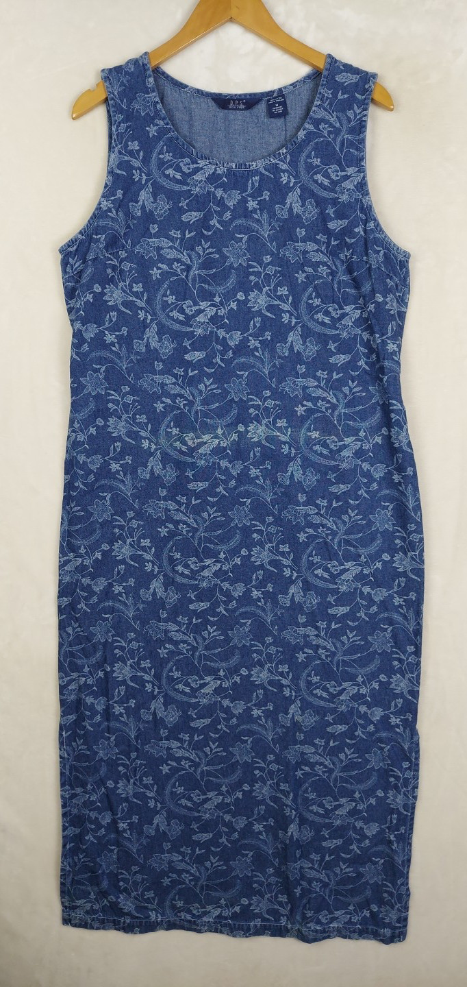 Vintage Y2K D.P.S. NY Sheath Denim Dress Womens Medium Midi Floral Sleeveless