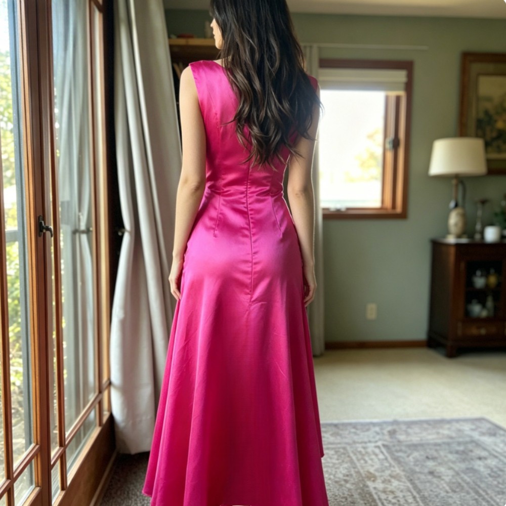 Square Neck Hot Pink Satin High Low Evening Dresses Waist Bow Party Prom Gowns