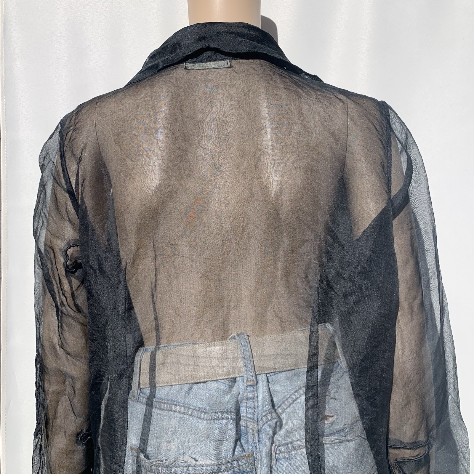 Repaired Vintage Designer Elan Vitale Avant Garde Sheer Black Rayon Duster Coat