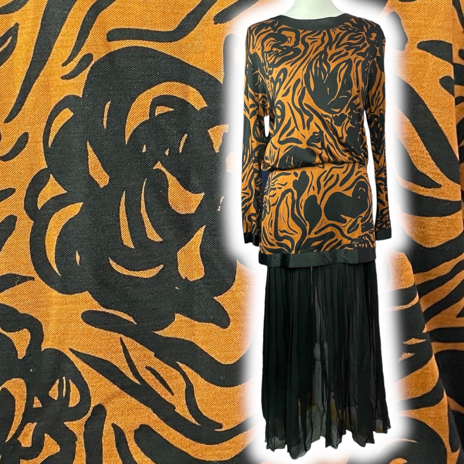 Flora Kung 100% Silk Dress EUC VTG 12 Floral Tiger Stripes Pleated Satin Chiffon