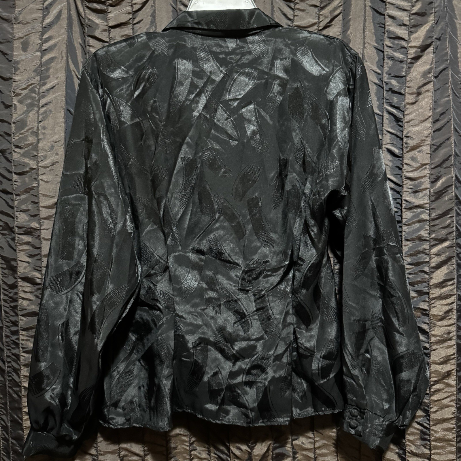 Cindy Collins Black Blouse Button Front Shoulder Pads No Size Tag Vtg 1980s