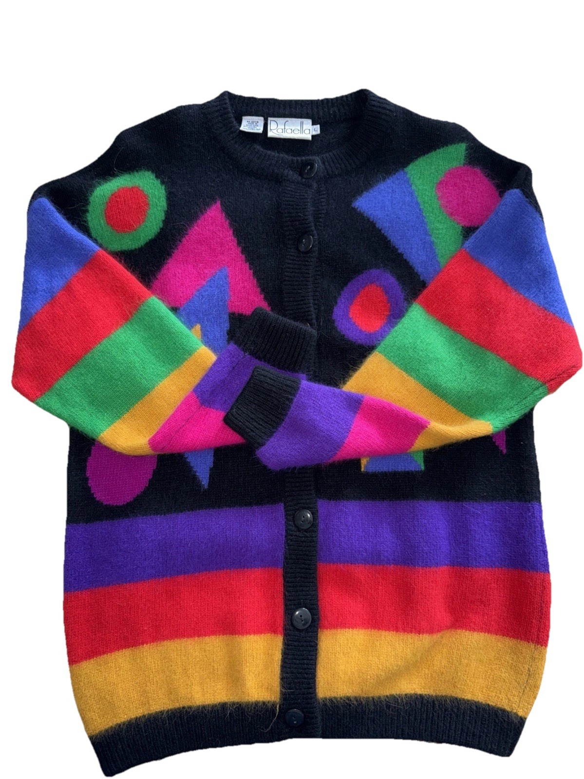 Vintage Rafaella Geometric Abstract Rabbit Fur Rare Cardigan Sweater Size L
