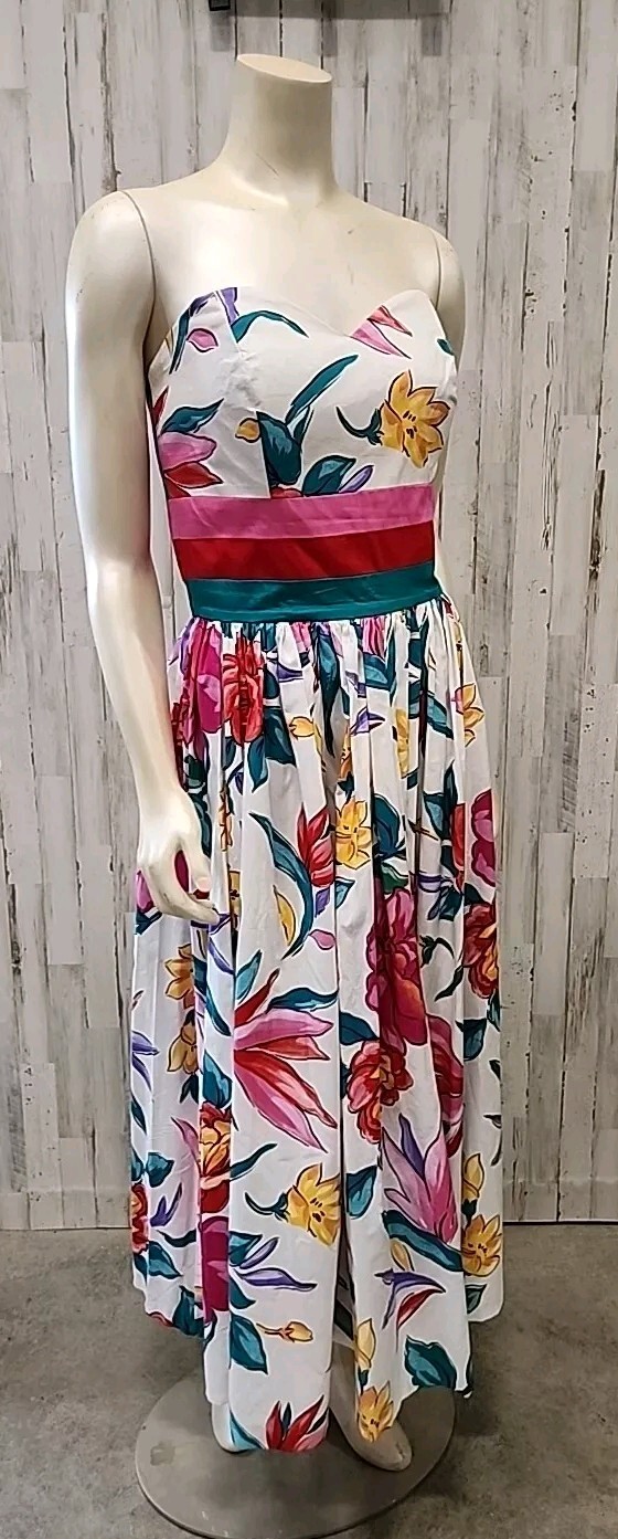 VTG Leslie Lucks Dress Small/Med Tube Long Tropical Bird Paradise Derby Party
