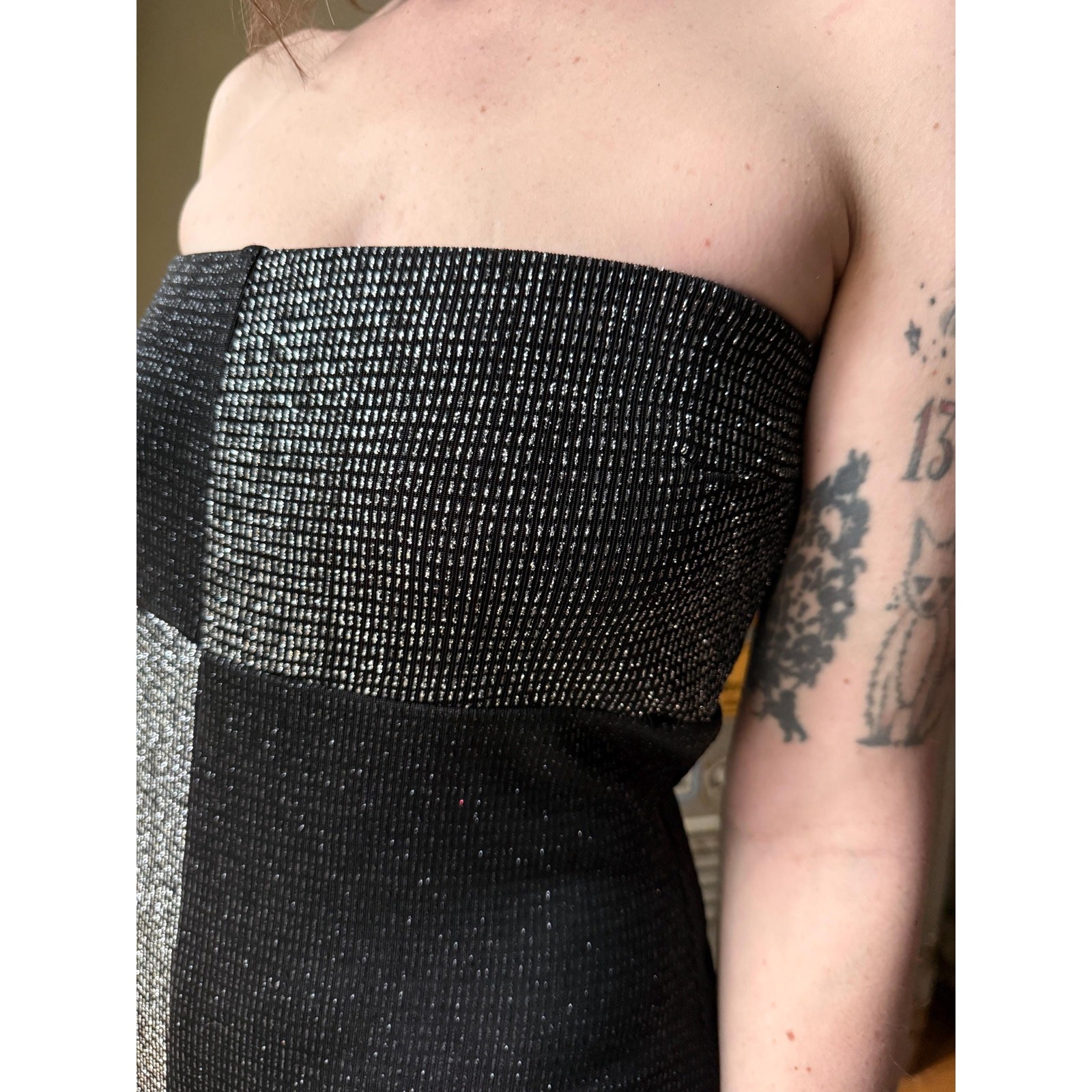 Vintage 90s Silver Strapless Gown | Black Gray Metallic Mermaid Maxi | L