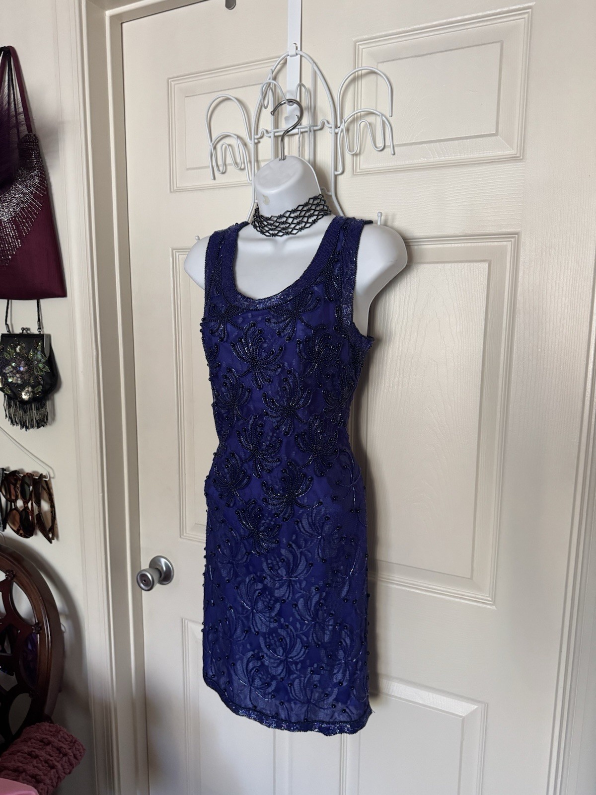 Vintage Fully Beaded Royal Blue Lace Party Dress (Size M-L) Special Occasion