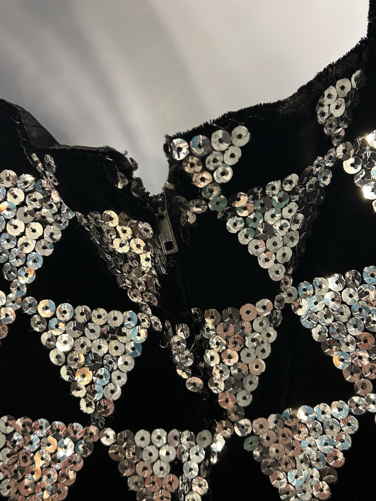 60s MOD Vintage Fredericks Black Silver Sequin Dress Party Gown Geometric Retro