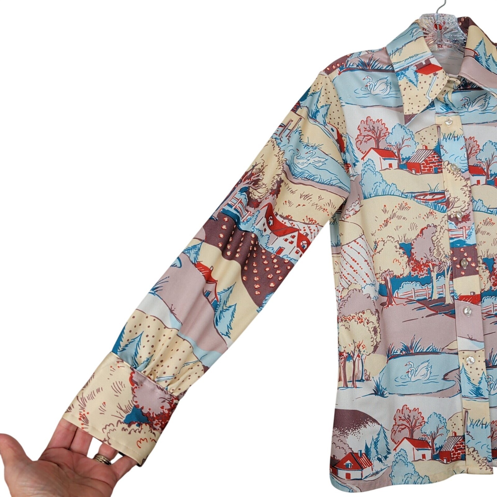 Vintage Catalina Sport Women Novelty Scenic Button Front Blouse Long Sleeve