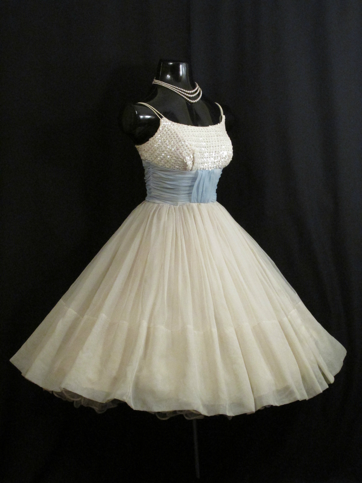 Vintage 1950&rsquo;s 50s Ivory Blue Chiffon Organza Sequins Prom Party Wedding DRESS