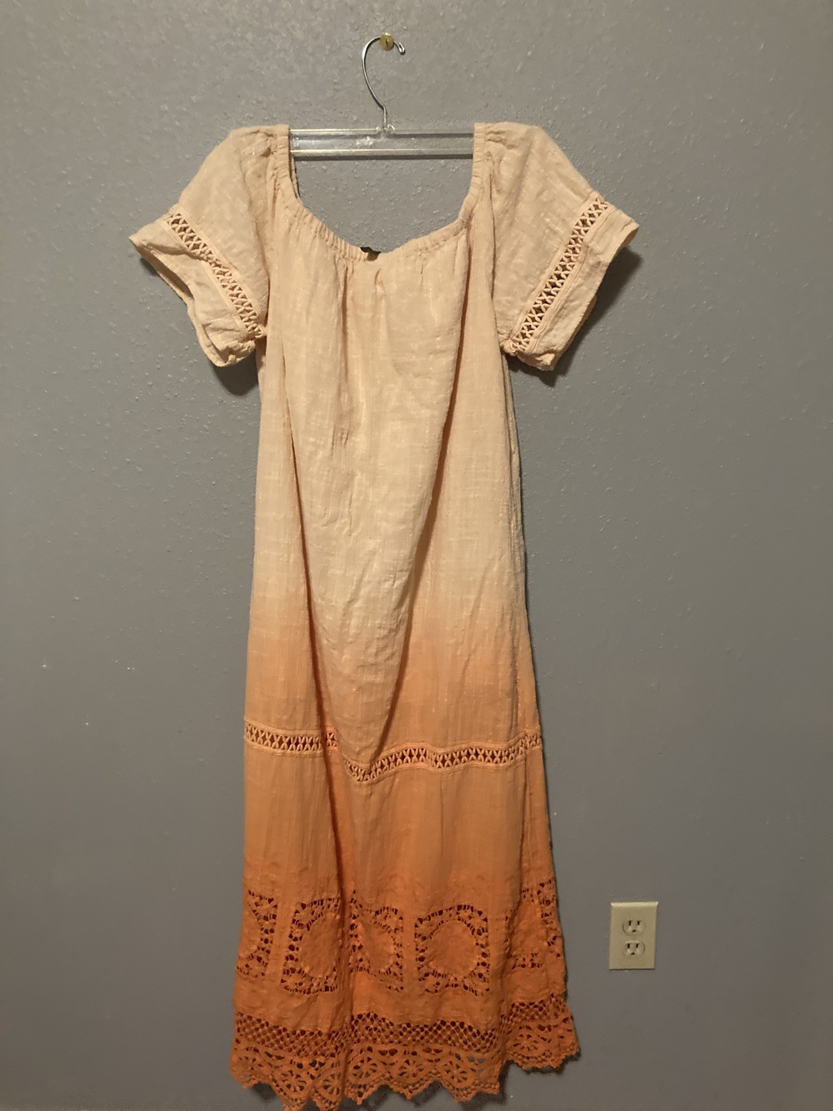 Hippie Crinkle Linen Boho Vintage Philhellenic Dress Crochet Trim Orange Comfy