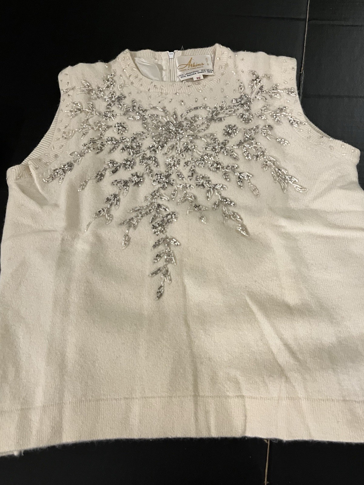 50s 60s VTG Beaded Sweater Top Shell Sleeveless Lined Lambs Wool Angora sz 36