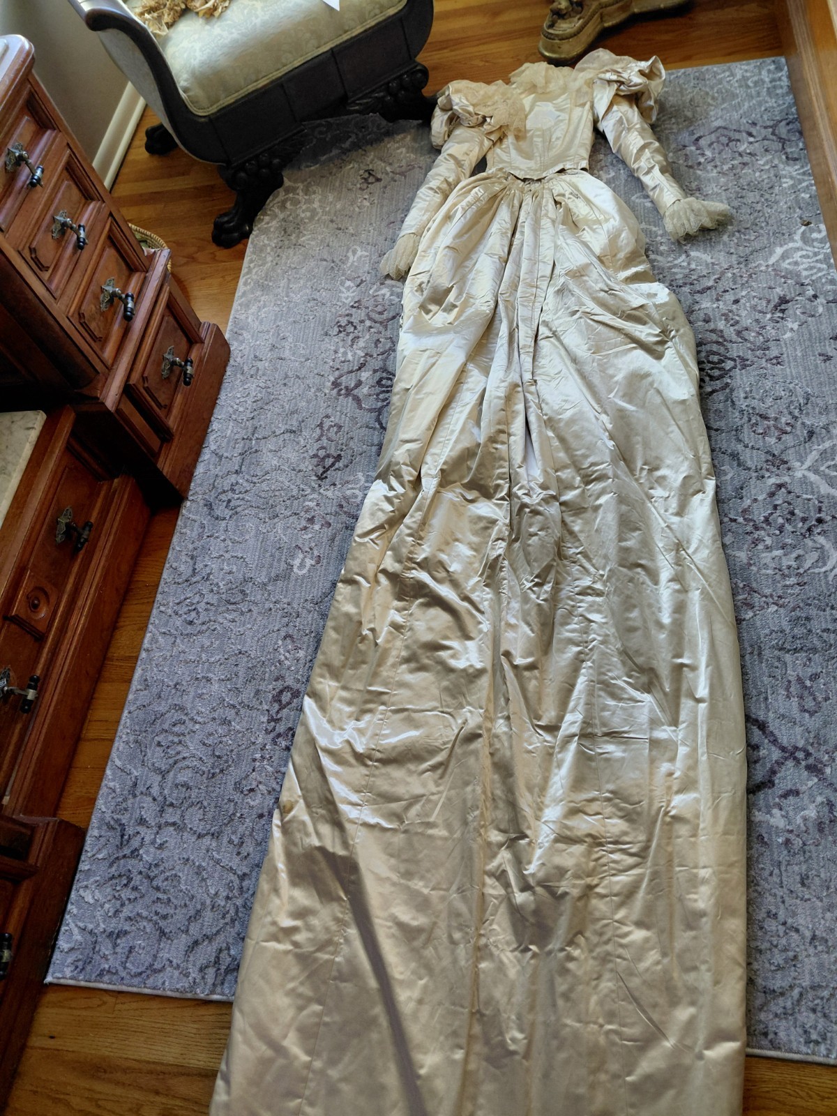 Antique 1890&rsquo;s Satin & Tambour Lace Dress Wedding Ball Gown Leg O Mutton Sleeves