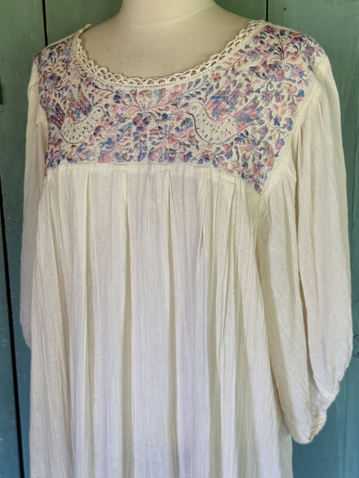 Pintuck Mexican Hand Stitched Embroidered Cotton Gauze Shift Dress Crochet L-XXL