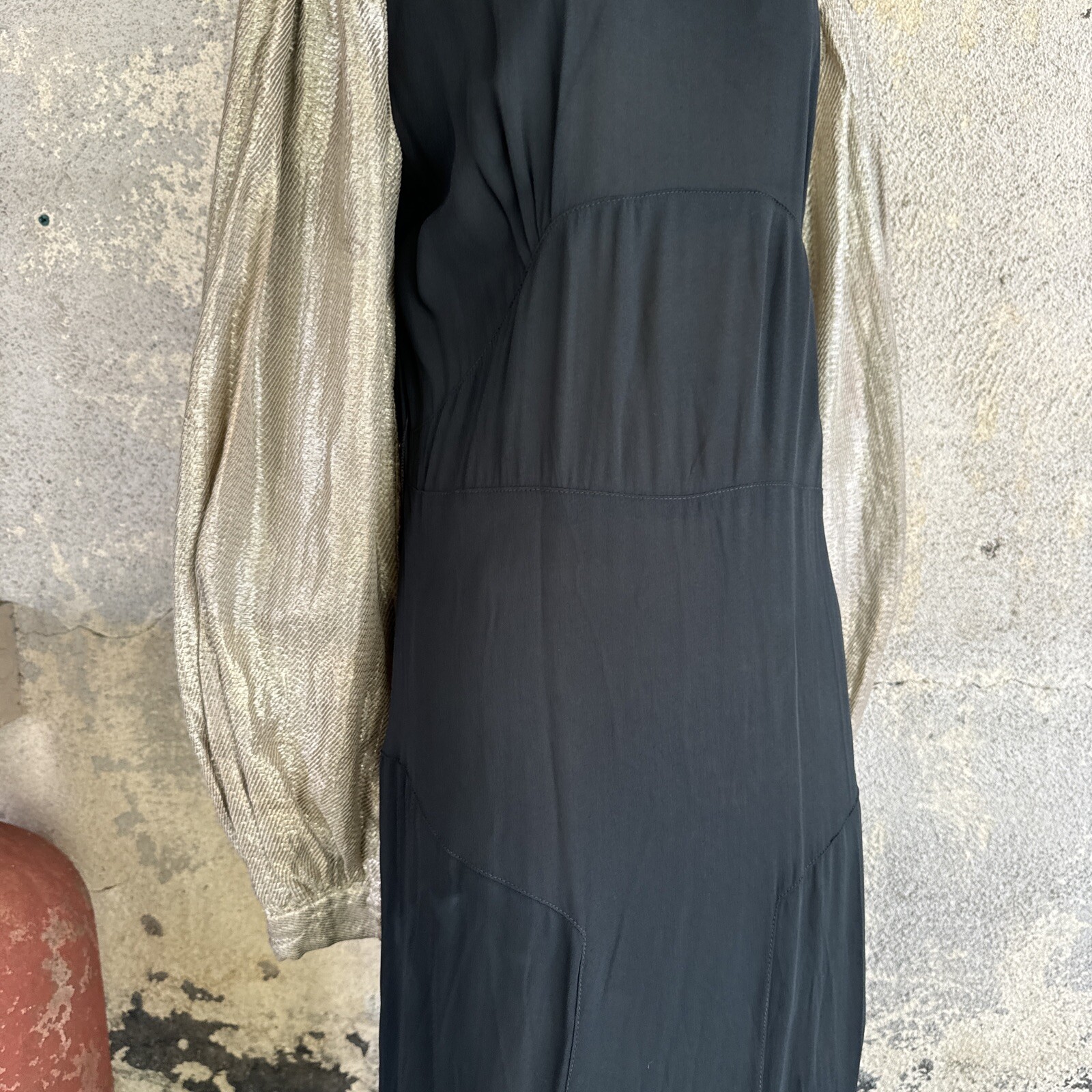 Vintage 1930s Black Silk Dress Silver Lamé Balloon Sleeves Metal Bead Accents