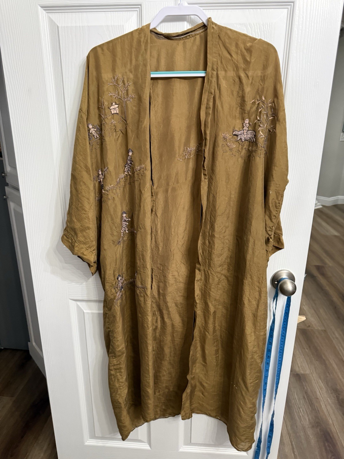 Handmade Silk Embroidered Kimono Duster Robe Boho Artisan Asian Long Jacket OS