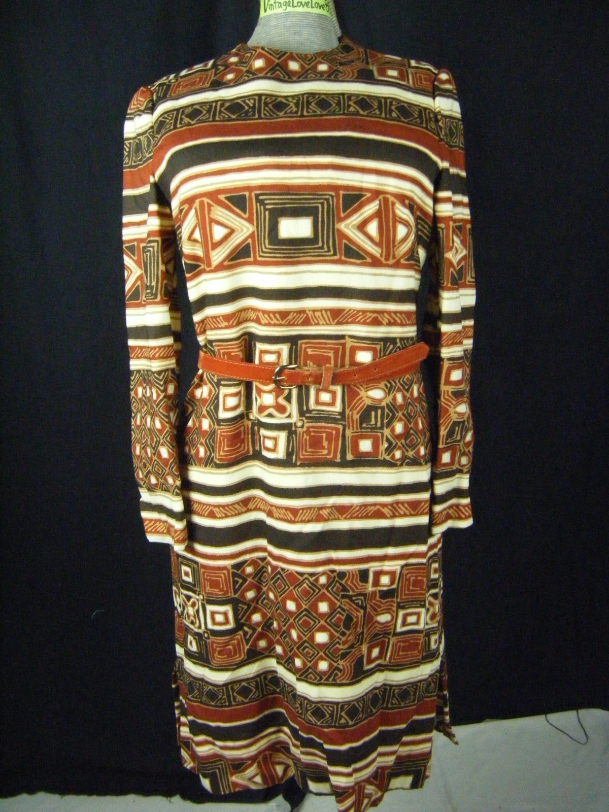 ADELE SIMPSON Vtg 60s Designer Brown Mod Printed Sheath Dress- Bust 36/XS