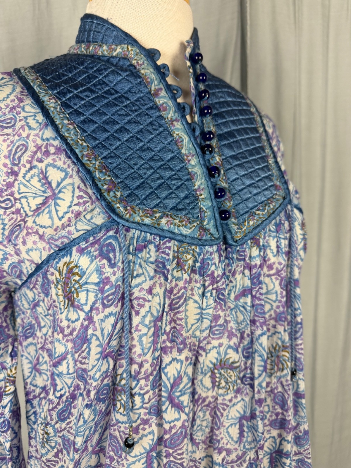 RARE STAR OF INDIA Vtg 70s Purple Blue Cotton Gauge Peasant Top-Bust 37/XS-S