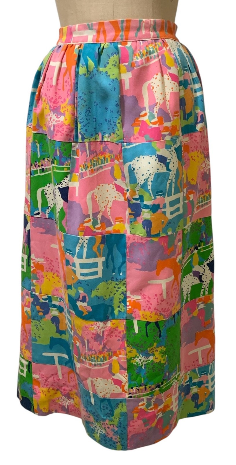 Vintage 80s Women&rsquo;s Horse Racing Jockey Print Cotton Patchwork Maxi Skirt – Sz S