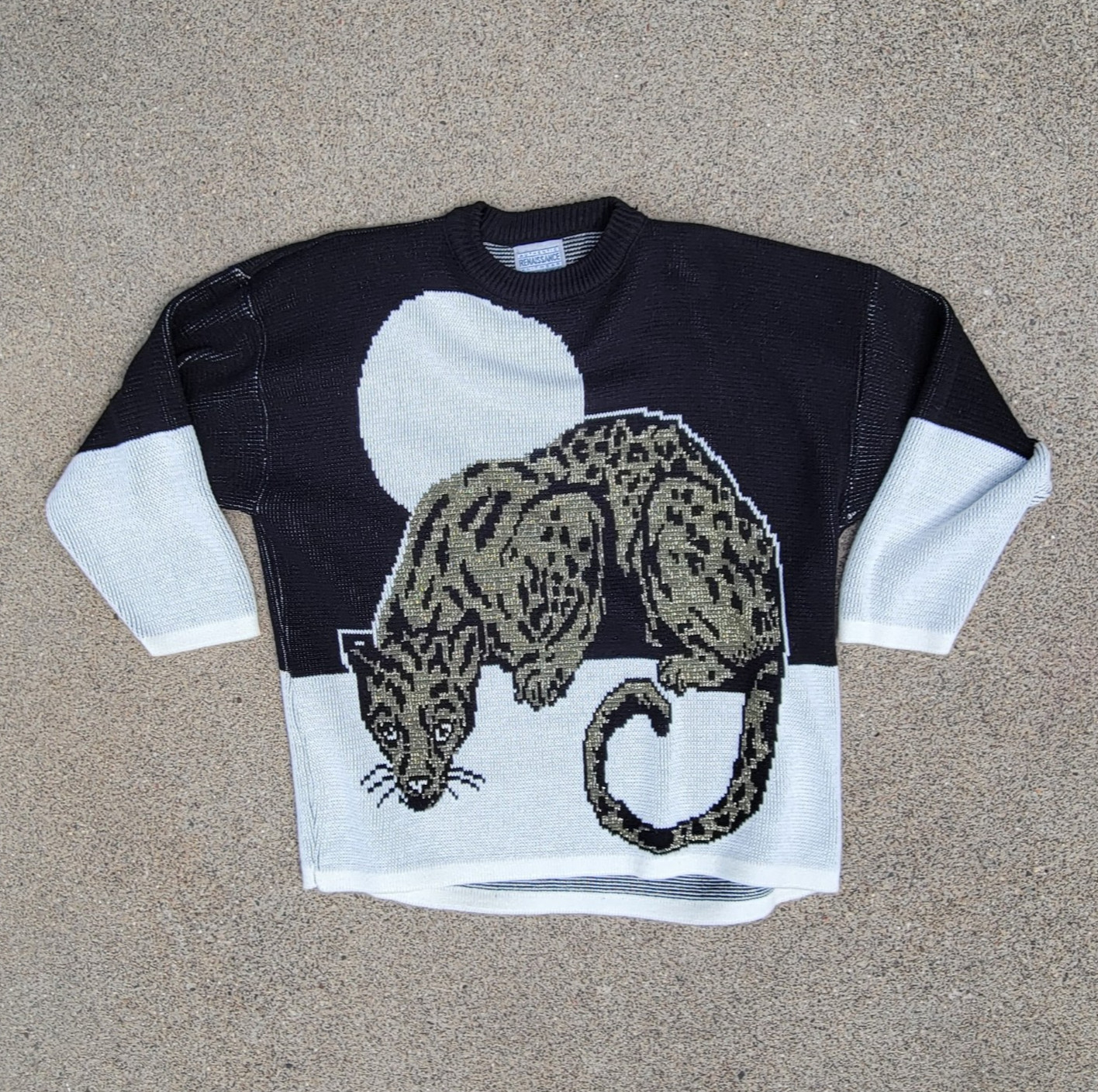 Vtg 90s Marc Chemtob Renaissance Knitwear Metallic Gold Wildcat Sweater XL USA