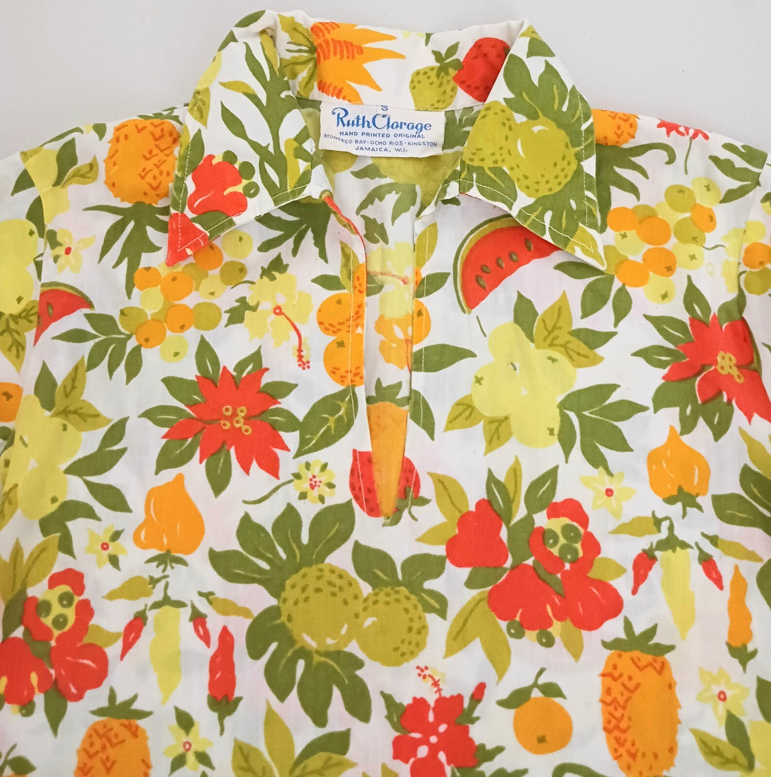 VTG Ruth Clarage Blouse Handprinted Original Fabric Jamaica Tropical Fruit Sz S