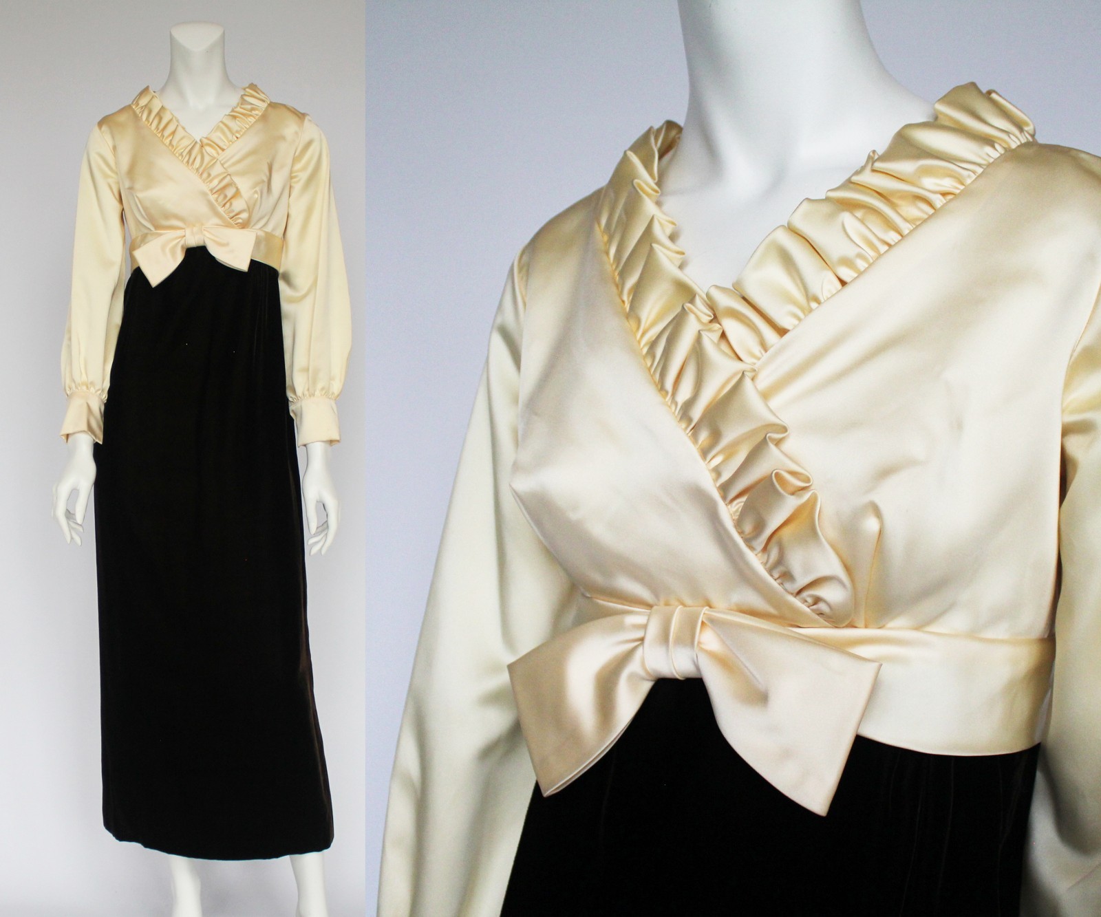 Vintage 60&rsquo;s Beige Satin and Brown Velvet Empire Waist Maxi Dress / XSmall