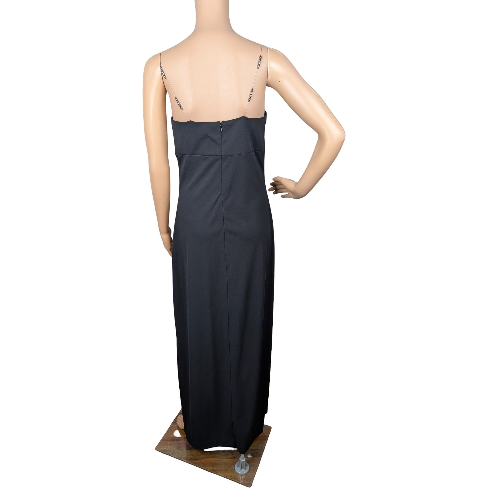 Vintage 90s Allen B Evening Black Column Gown 8 Beaded Wire Strap Slit Prom Gala