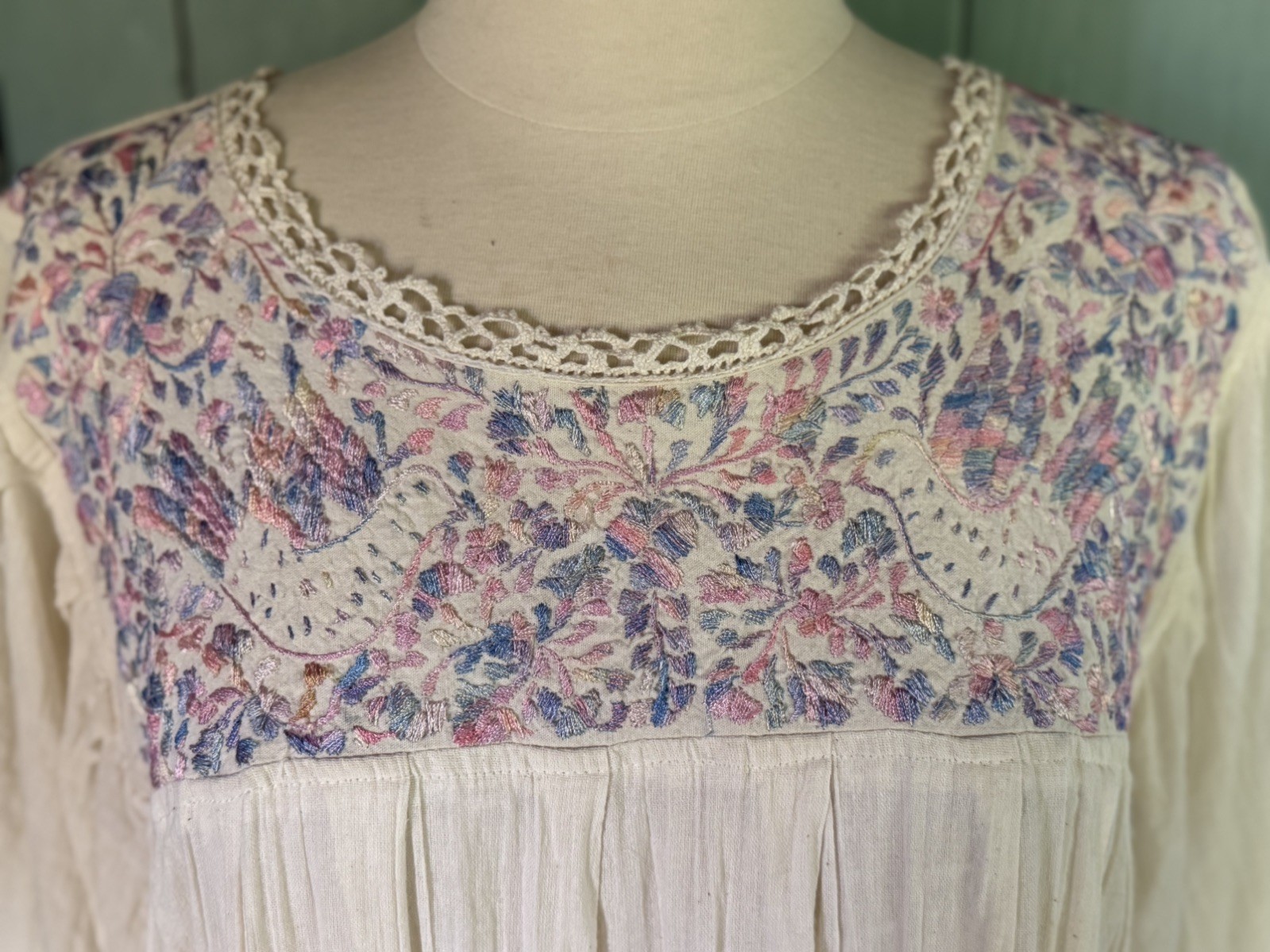 Pintuck Mexican Hand Stitched Embroidered Cotton Gauze Shift Dress Crochet L-XXL