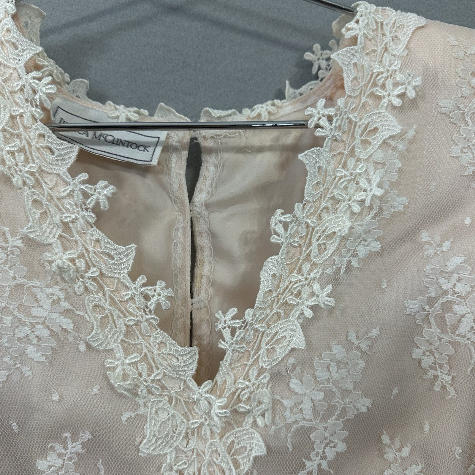 Vtg Jessica McClintock Romantic Victorian Floral Lace Dress Peach Cream SZ 8 USA