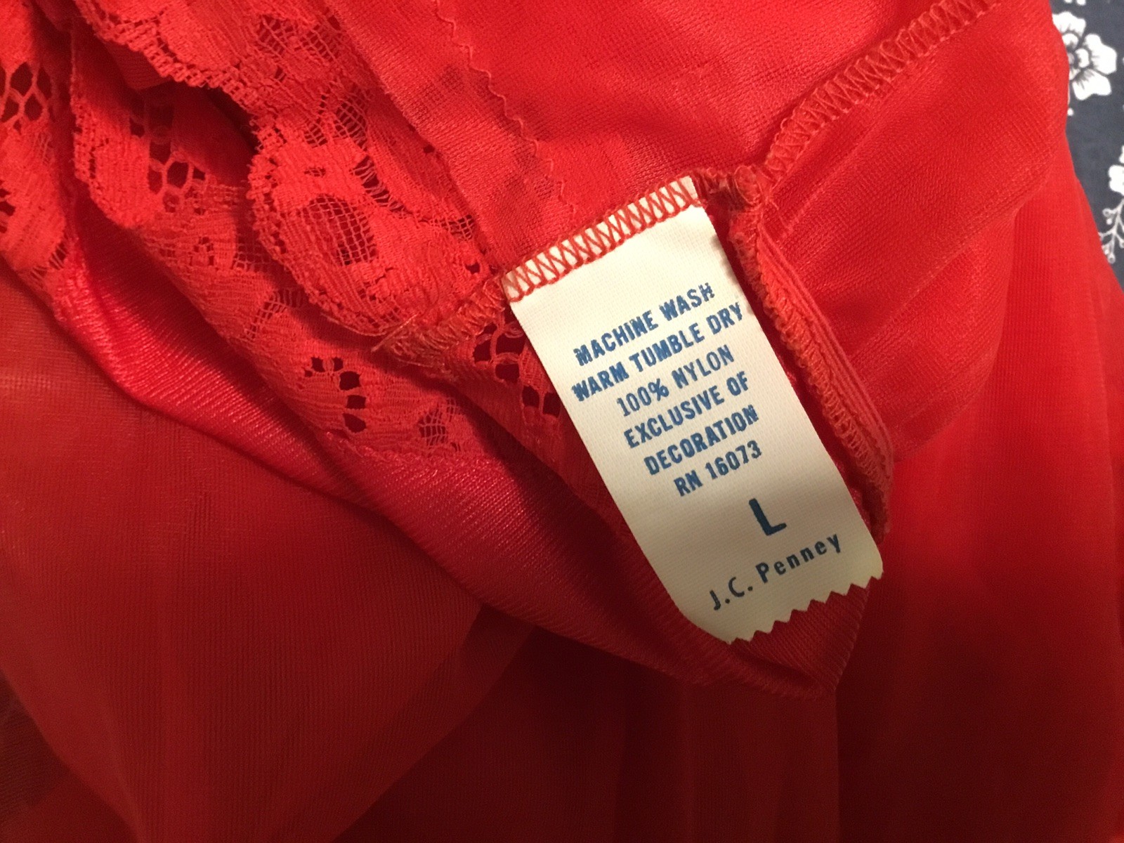 Vintage J.C. Penney Size Large Red Sleeveless Nightgown Nylon Sheer Lace Accents