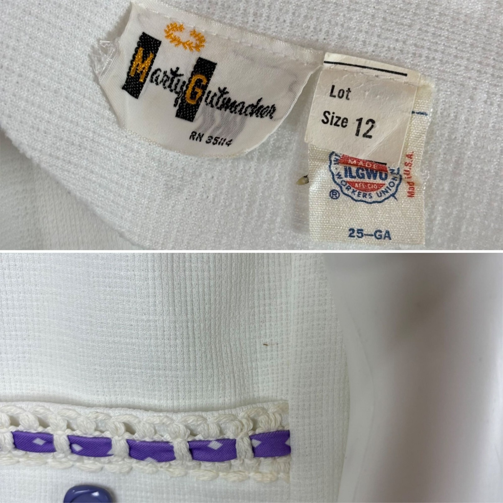 Vintage 70s Open Top Women&rsquo;s Large Lavender White Diamond Print Cardigan