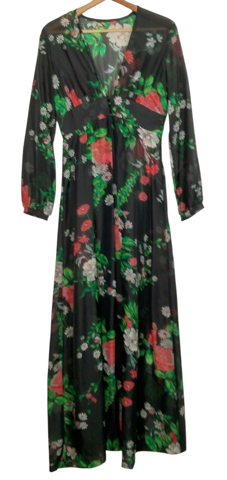Vintage 1970s Sheer Dress Robe Size 5-6 Black Daisy Floral Hippie Boho