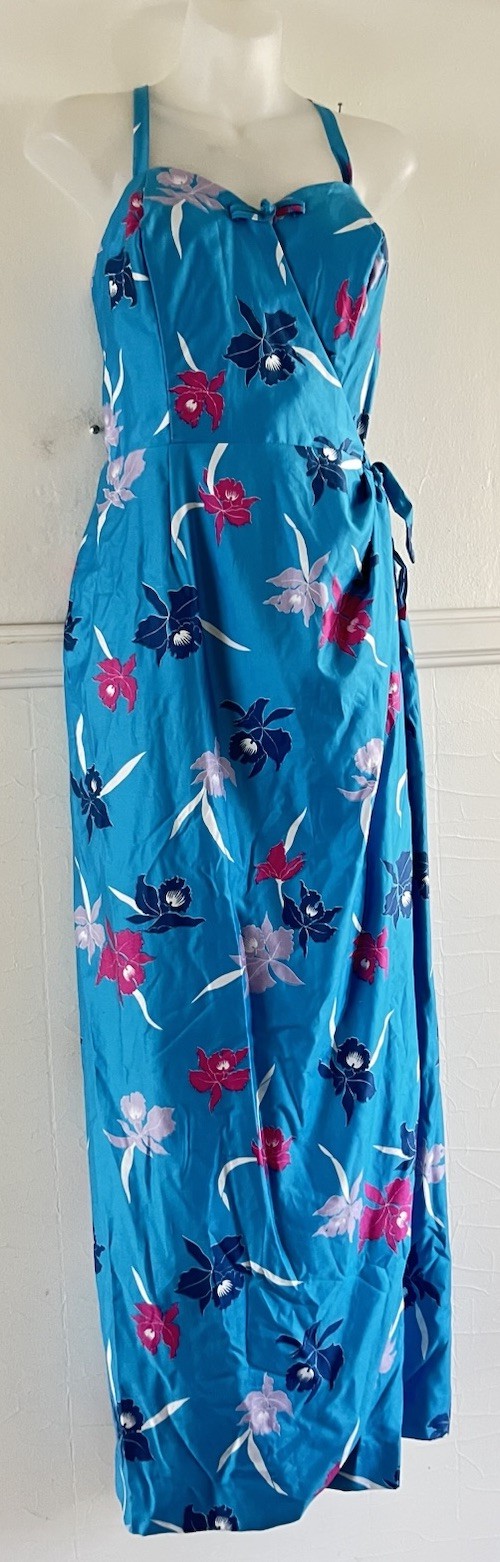 VTG 60&rsquo;s Kimo&rsquo;s Polynesian Shop Hawaiian 🌺 Turquoise Maxi Wrap Sarong Dress-14