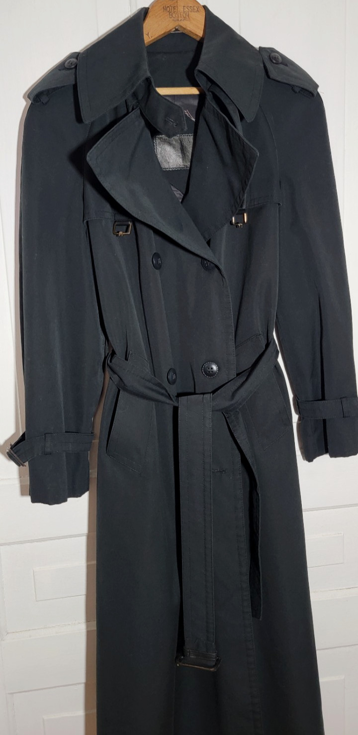 80s VTG Etienne Aigner Black Double Breasted Long Trench Coat Belted Pockets 8