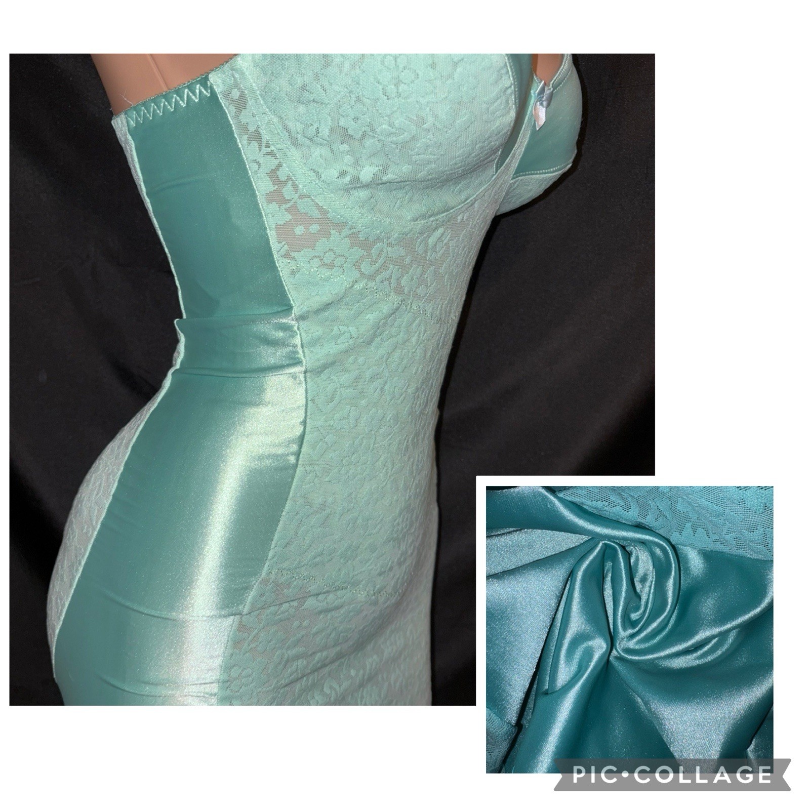 38 C Vintage TIGHT Teal Satin Lace Nylon Spandex Bra Girdle Full Slip Briefer