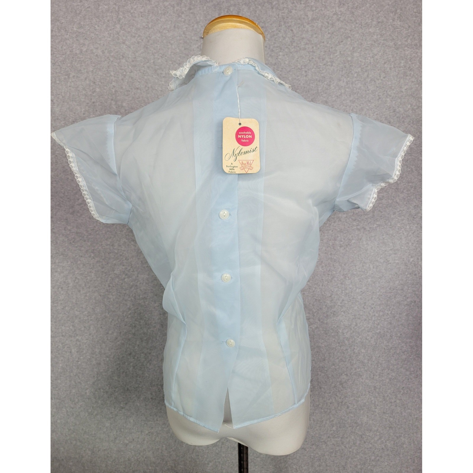 Vintage Kay Lord Blue Sheer Nylon Embroidered Lace Peter Pan Blouse Size 38 NWT
