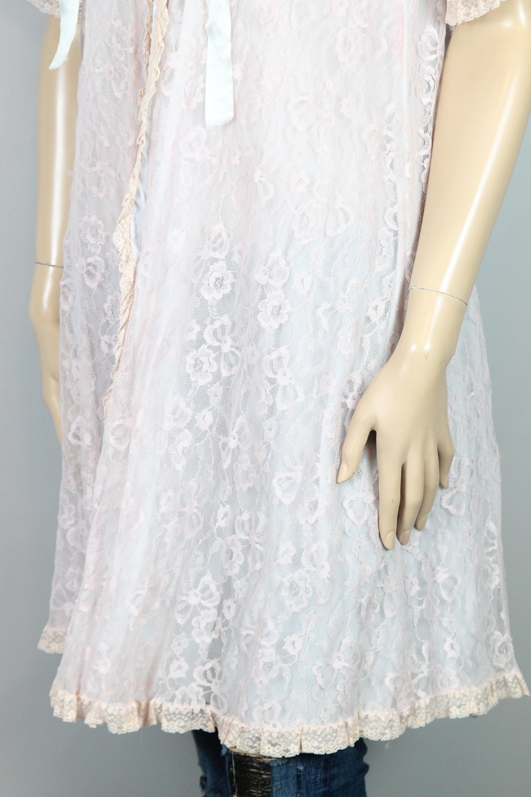 Vtg ODETTE BARSA Blue Pink Ruffles Layered Lace Bed Jacket Dress Robe S