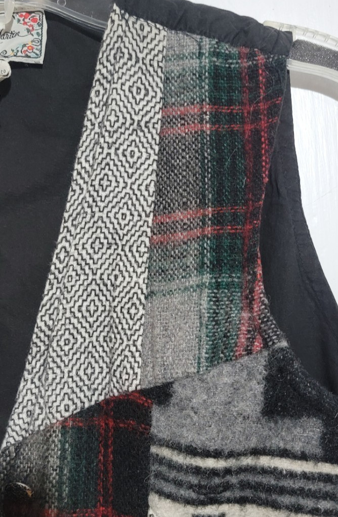 90s VTG Plaid Patchwork Blanket Tribal Womens Vest Wool Cotton 3 Button V-Neck M