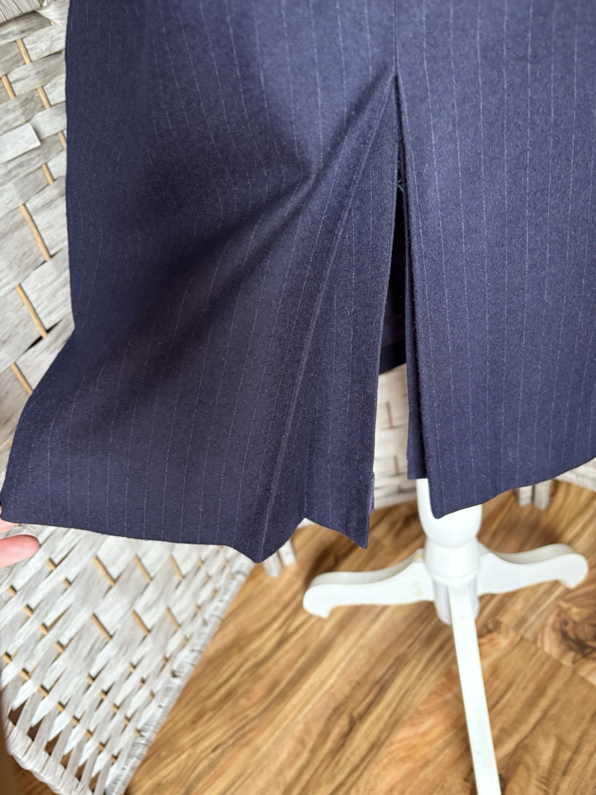 Vintage 1980s Cassidy Navy Pinstripe Mod Secretary Midi Skirt Suit Set Wool SZ 6