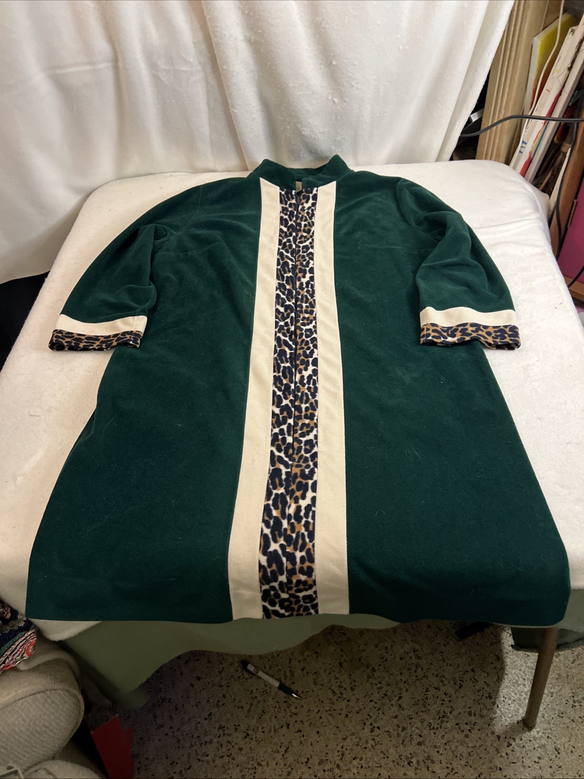 Vtg 70s Vanity Fair 3/4 Zip Robe GreenVelour Fleece Size 14 Housecoat Colorblock
