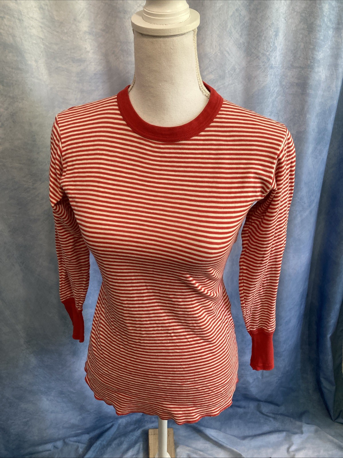 Vtg 60s Duofold Striped Base Layer Thermal Top Red Crewneck Wool Blend Womens XS