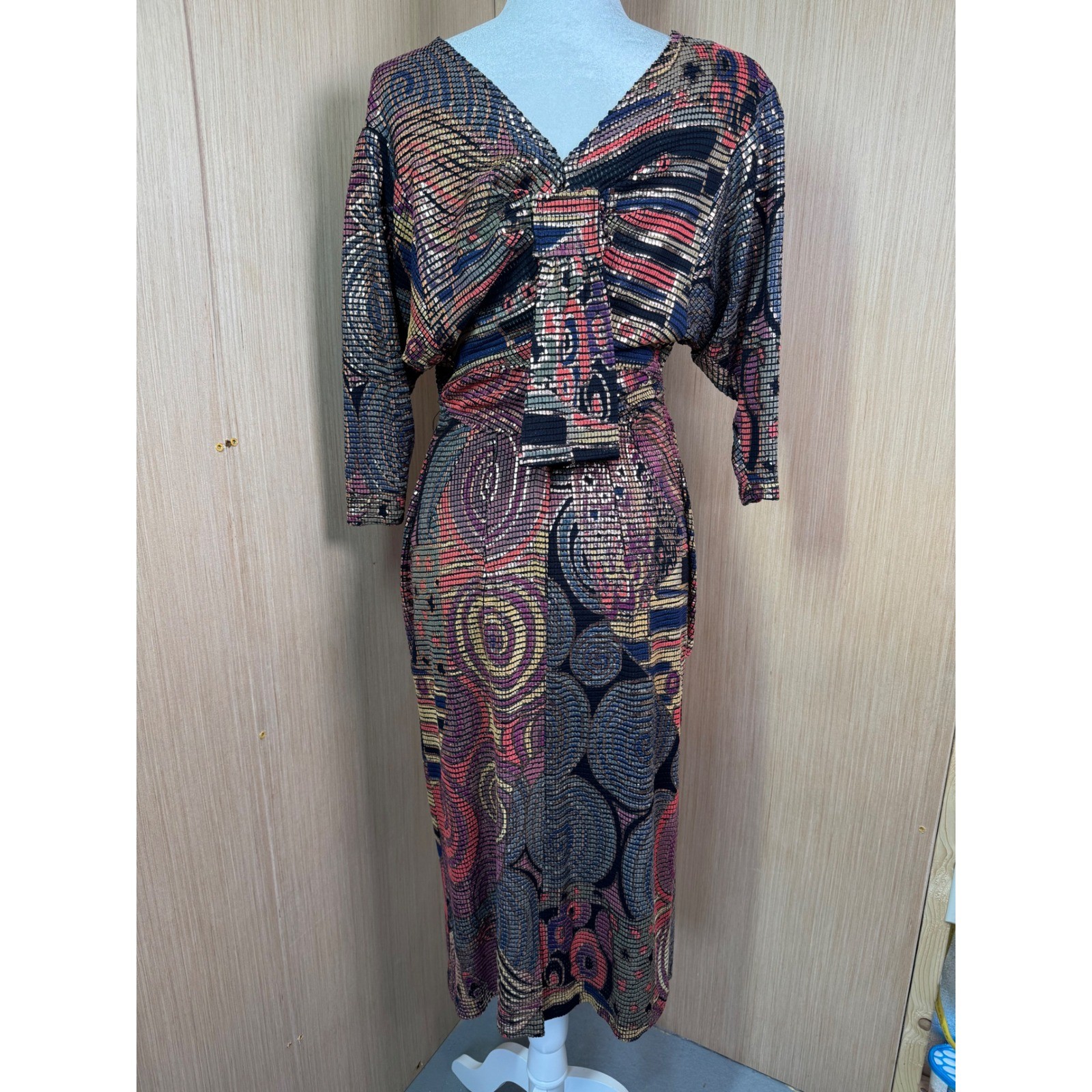 Vintage Janine of London La Vie Mosaic Metallic Knit Midi Dress Gold Red Sz M