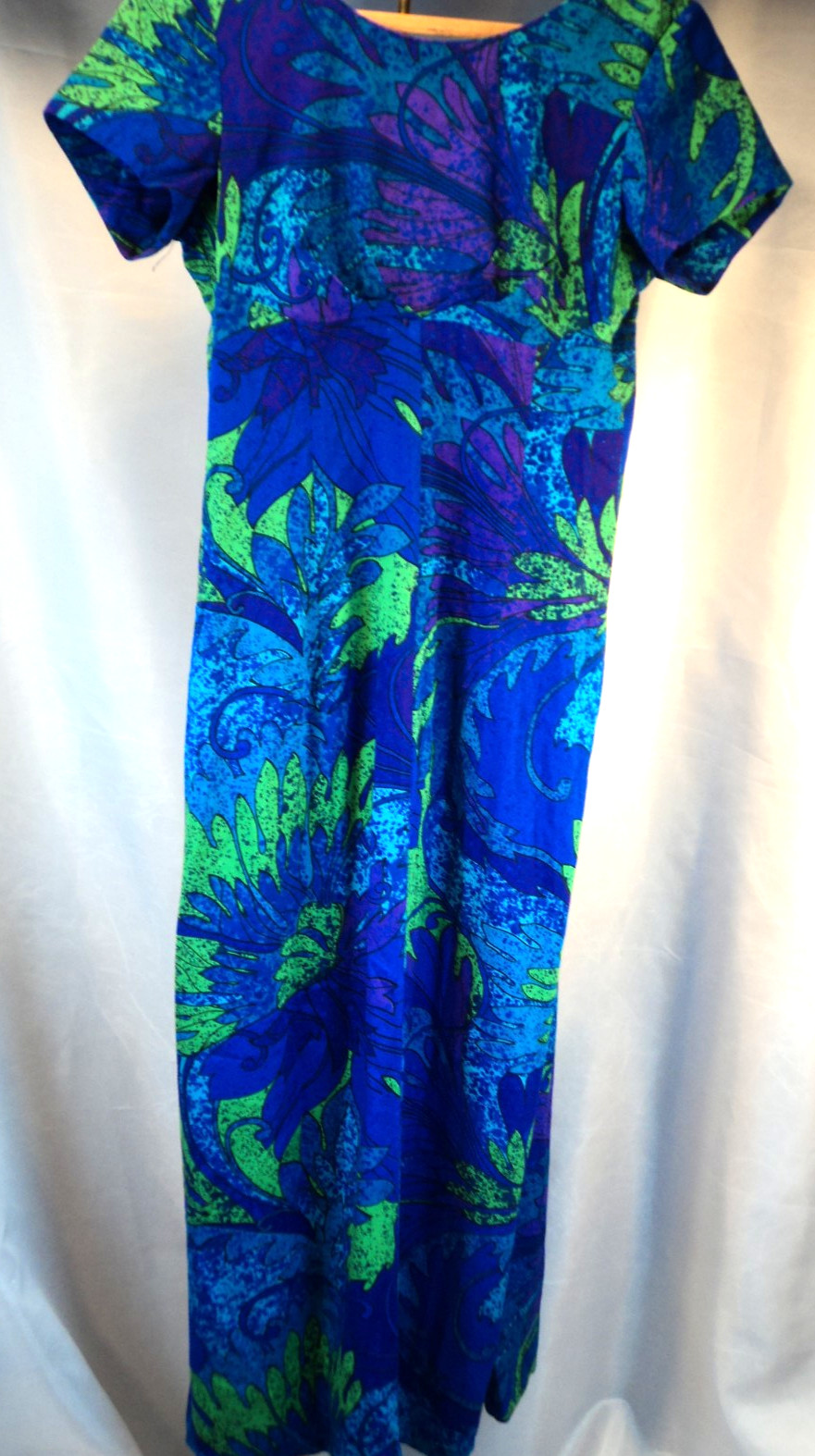 VTG 60&rsquo;s Sun Fashions of Hawaii Maxi Dress Muumuu Blue Purple Barkcloth Sz 12