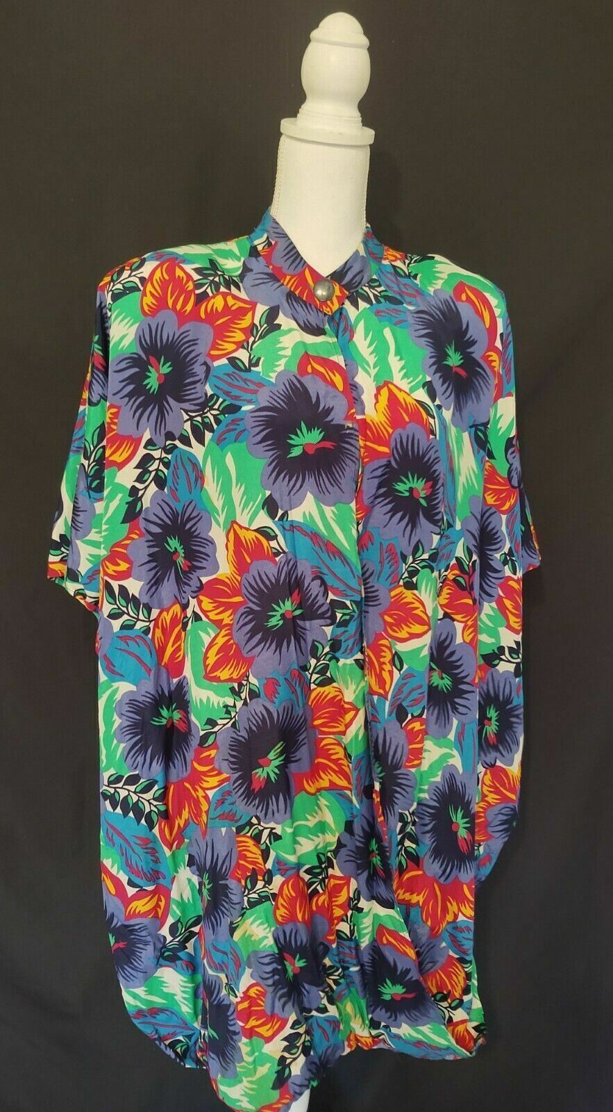80&rsquo;s Vintage Cover Up Shirt April Rain Swim Beach Dress Rayon Tropical Floral 16