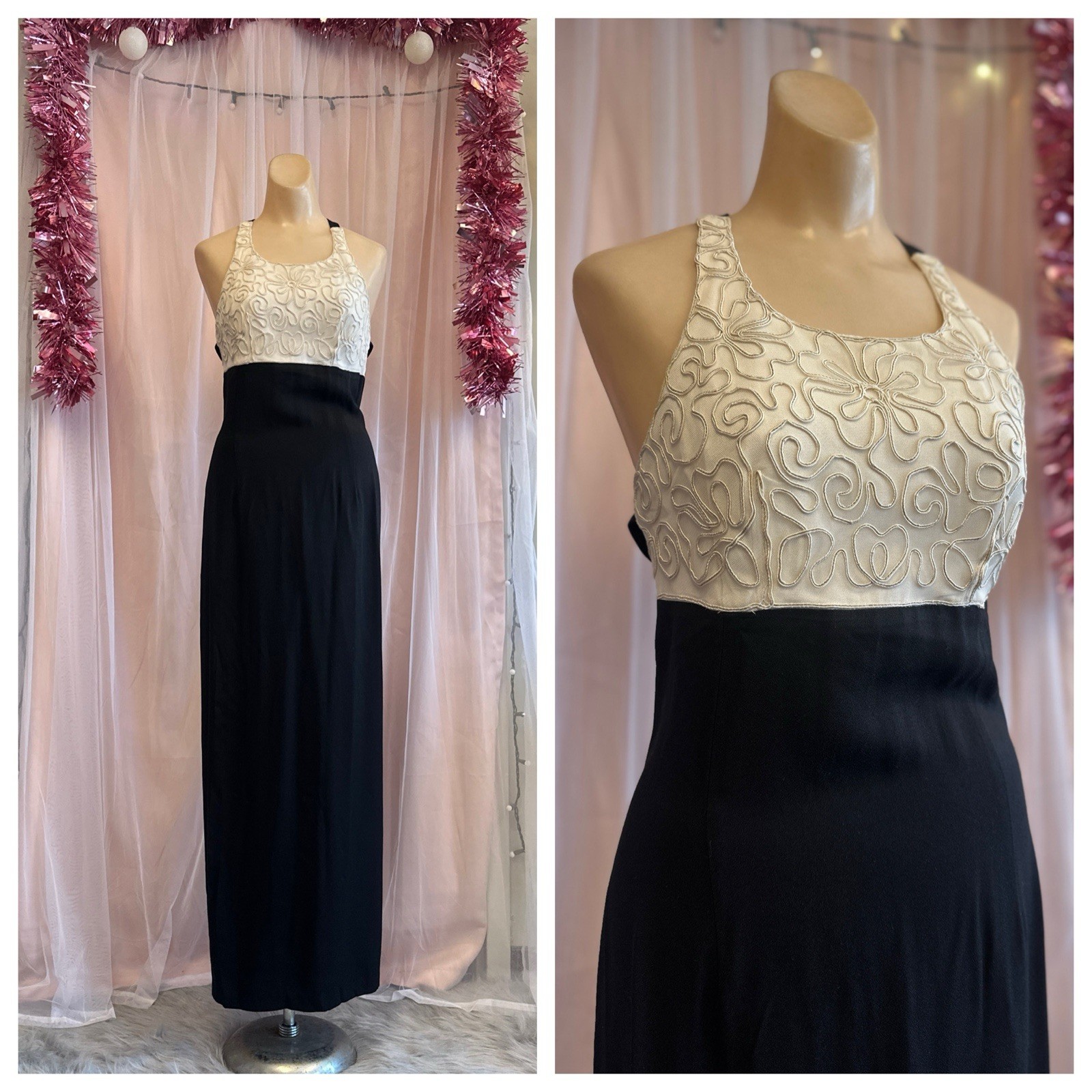 Vintage 90s Maxi Dress Black White Sleeveless Open Back Babydoll Minimalist S